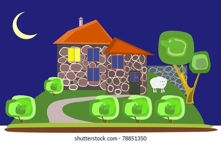 Stone house in green landscape in night