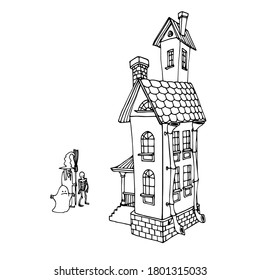 stone house with roof tiles, trick or treat, tradition of halloween holiday, vector illustration with black ink contour lines isolated on a white background in a cartoon & hand drawn style
