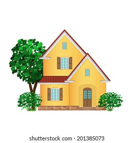 stone house and tree on a white background, illustration