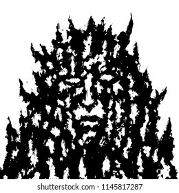 Stone human face with sharp thorns. Vector illustration. Scary character head.