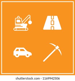 stone icon. 4 stone vector set. road, demolishing, pickaxe and three door car icons for web and design about stone theme