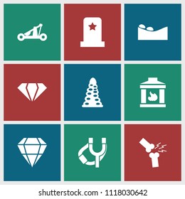 Stone icon. collection of 9 stone filled icons such as tunnel, gem, broken leg or arm, catapult, sligshot. editable stone icons for web and mobile.