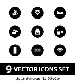 Stone icon. collection of 9 stone filled icons such as diamond, domino, fireplace, brick wall, castle tower. editable stone icons for web and mobile.