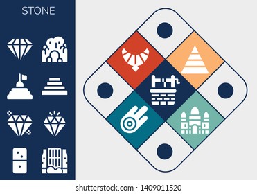 stone icon set. 13 filled stone icons.  Simple modern icons about  - Water well, Dominoes, Waterfall, Gem, Diamond, Pyramid, Cave, Jewel, Asteroid, Angkor wat