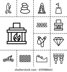 Stone icon. set of 13 outline stoneicons such as tunnel, spa stones, spa stone, fireplace, castle tower, caveman, catapult, brick wall, cemetery, gem