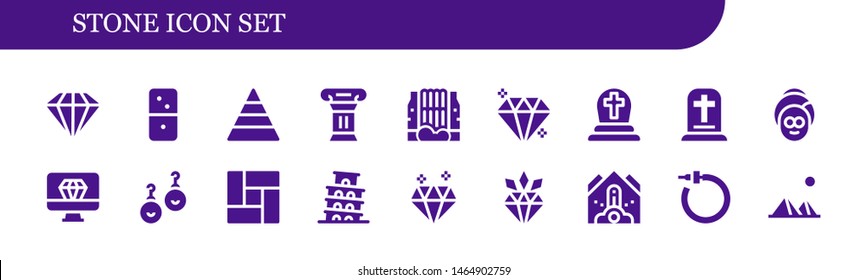 stone icon set. 18 filled stone icons.  Simple modern icons about  - Diamond, Dominoes, Pyramid, Column, Waterfall, Gem, Cemetery, Gravestone, Spa, Earrings, Floor, Pisa, Falling debris