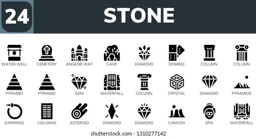 stone icon set. 24 filled stone icons.  Collection Of - Water well, Cemetery, Angkor wat, Cave, Diamond, Domino, Column, Pyramid, Gem, Waterfall, Crystal, Pyramids, Earrings, Columns