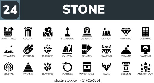 stone icon set. 24 filled stone icons.  Collection Of - Water well, Column, Cave, Excalibur, Cemetery, Canyon, Diamond, Columns, Pyramids, Asteroid, Domino, Pyramid, Crystal, Earrings