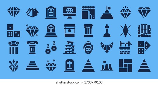 stone icon set. 32 filled stone icons. on blue background style Simple modern icons such as: Diamond, Domino, Column, Pyramid, Gem, Tombstone, Cemetery, Earrings, Water well, Pisa