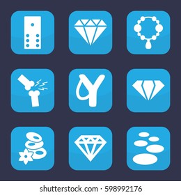 stone icon. Set of 9 filled stone icons such as gem, necklace, spa stones, Diamond, broken leg or arm, domino, spa stone