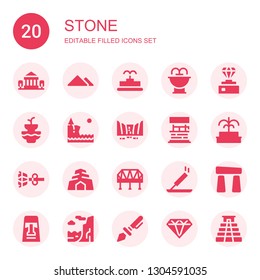 stone icon set. Collection of 20 filled stone icons included Parthenon, Pyramid, Fountain, Diamond, Cliff, Waterfall, Water well, Earrings, Cave, Bridge, Incense, Stonehenge, Moai