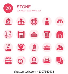 stone icon set. Collection of 20 filled stone icons included Tombstone, Fountain, Brooch, Sculpture, Stonehenge, Earrings, Water well, Parthenon, Column, Cave, Diamond, Mammoth