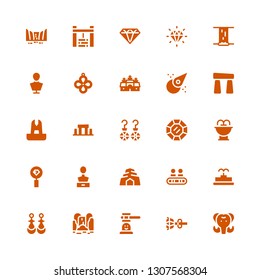 stone icon set. Collection of 25 filled stone icons included Mammoth, Earrings, Hammer game, Waterfall, Fountain, Walkway, Cave, Sculpture, Diamond, Stonehenge, Asteroid, Angkor wat