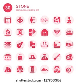 stone icon set. Collection of 30 filled stone icons included Water well, Pendant, Diamond, Earrings, Waterfall, Tombstone, Domino, Cave, Brick wall, Asteroid, Walkway, Cliff, Parthenon