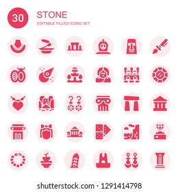 stone icon set. Collection of 30 filled stone icons included Pearl necklace, Incense, Stonehenge, Tombstone, Moai, Brooch, Asteroid, Fountain, Troglodyte, Bridge, Pendant, Waterfall