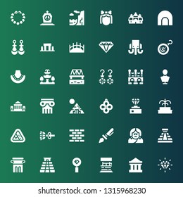 stone icon set. Collection of 36 filled stone icons included Diamond, Parthenon, Water well, Pyramid, Column, Troglodyte, Prehistoric, Brick wall, Earrings, Landslide, Fountain