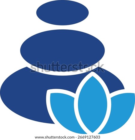The stone icon symbolizes physical and mental balance, while the lotus symbolizes spiritual enlightenment, the result of focused, patient, and balanced effort.