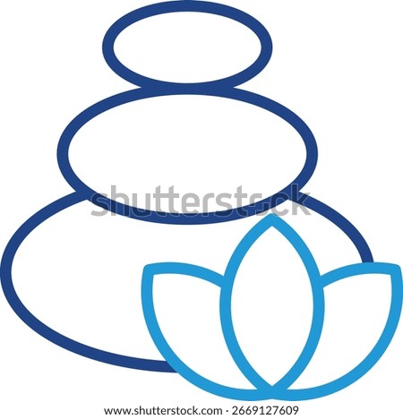 The stone icon symbolizes physical and mental balance, while the lotus symbolizes spiritual enlightenment, the result of focused, patient, and balanced effort.