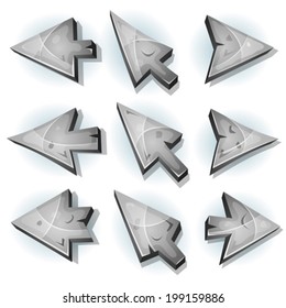 Stone Icons, Cursor And Arrows/ Illustration of a set of funny cartoon design stone and rock computer icons, cursor and arrows signs for funny ui game environment