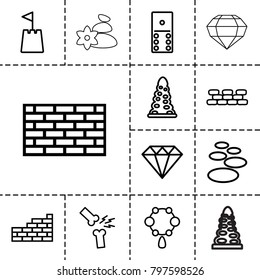 Stone icons. set of 13 editable outline stone icons such as tunnel, necklace, diamond, domino, spa stone, broken leg or arm, brick wall, castle tower, gem