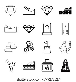 Stone icons. set of 16 editable outline stone icons such as brick wall, spa stone, spa stones, gem, broken leg or arm, fireplace, castle tower, headstone, tunnel, domino