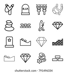Stone icons. set of 16 editable outline stone icons such as brick wall, spa stones, spa stone, sligshot, gem, caveman, headstone, cemetery