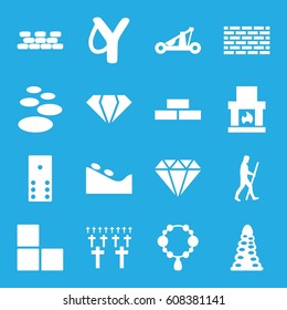 Stone icons set. set of 16 stone filled icons such as brick wall, tunnel, gem, necklace, spa stone, caveman, catapult, cemetery, domino, sligshot