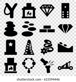 Stone icons set. set of 16 stone filled icons such as brick wall, tunnel, gem, spa stones, necklace, spa stone, Diamond, broken leg or arm, fireplace, catapult, headstone