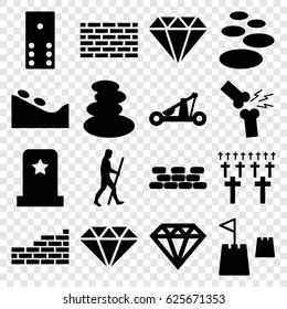 Stone icons set. set of 16 stone filled icons such as spa stones, spa stone, Diamond, broken leg or arm, brick wall, castle tower, caveman, catapult, headstone, cemetery, gem