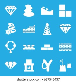 Stone icons set. set of 16 stone filled icons such as brick wall, tunnel, gem, spa stones, necklace, spa stone, Diamond, castle tower, sligshot