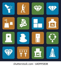 Stone icons set. set of 16 stone filled icons such as brick wall, tunnel, gem, spa stones, necklace, broken leg or arm, fireplace, castle tower, caveman, headstone, cemetery