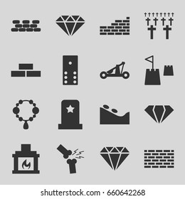 Stone icons set. set of 16 stone filled icons such as brick wall, gem, necklace, spa stone, broken leg or arm, fireplace, castle tower, catapult, headstone, cemetery