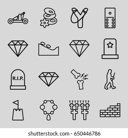 Stone icons set. set of 16 stone outline icons such as necklace, spa stone, spa stones, diamond, broken leg or arm, brick wall, castle tower, caveman, catapult, headstone