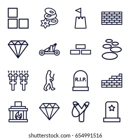 Stone icons set. set of 16 stone outline icons such as brick wall, gem, spa stones, fireplace, castle tower, caveman, catapult, headstone, cemetery, spa stone