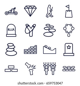Stone icons set. set of 16 stone outline icons such as brick wall, gem, spa stones, necklace, spa stone, broken leg or arm, castle tower, caveman, catapult, headstone