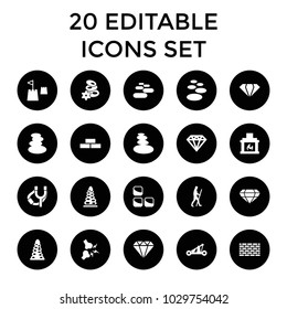 Stone icons. set of 20 editable filled stone icons such as brick wall, tunnel, gem, diamond, fireplace, castle tower, caveman. best quality stone elements in trendy style.