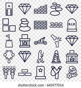 Stone icons set. set of 25 stone outline icons such as brick wall, tunnel, gem, spa stones, necklace, diamond, broken leg or arm, fireplace, castle tower, caveman, catapult