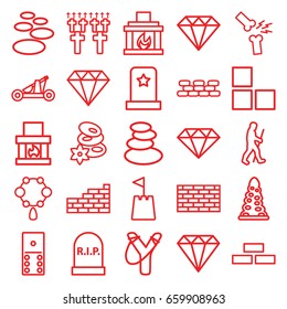 Stone icons set. set of 25 stone outline icons such as brick wall, tunnel, gem, spa stones, necklace, diamond, broken leg or arm, fireplace, castle tower, caveman, catapult