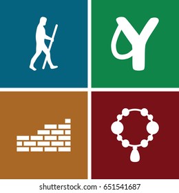 Stone icons set. set of 4 stone filled icons such as necklace, brick wall, caveman