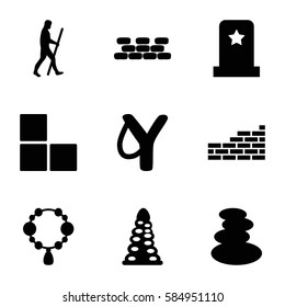 stone icons set. Set of 9 stone filled icons such as brick wall, tunnel, spa stones, necklace, caveman, headstone