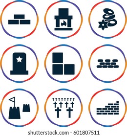 stone icons set. Set of 9 stone filled icons such as brick wall, spa stones, castle tower, headstone, cemetery