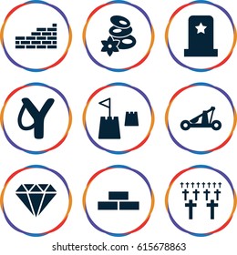 Stone icons set. set of 9 stone filled icons such as brick wall, spa stones, castle tower, catapult, headstone, cemetery, sligshot