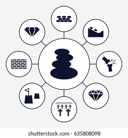 Stone icons set. set of 9 stone filled icons such as gem, spa stones, spa stone, broken leg or arm, castle tower, brick wall