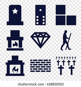 Stone icons set. set of 9 stone filled icons such as brick wall, diamond, fireplace, caveman, headstone, cemetery