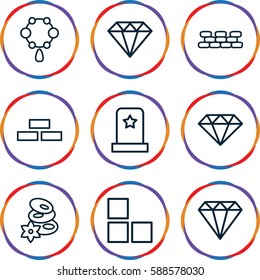 stone icons set. Set of 9 stone outline icons such as brick wall, gem, necklace, spa stones, Diamond