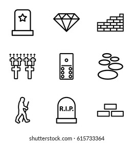 Stone icons set. set of 9 stone outline icons such as brick wall, caveman, headstone, cemetery, gem, domino