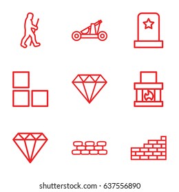 Stone icons set. set of 9 stone outline icons such as brick wall, gem, caveman, catapult, headstone