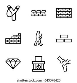Stone icons set. set of 9 stone outline icons such as brick wall, broken leg or arm, caveman, gem, fireplace