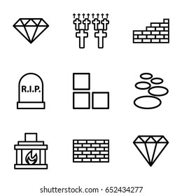 Stone icons set. set of 9 stone outline icons such as brick wall, gem, fireplace, headstone, cemetery