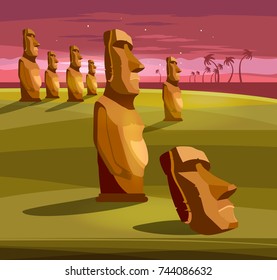 Stone idols. Tourism and vacation tropical Easter island background. Moai statues of Easter island landscape Polynesia 